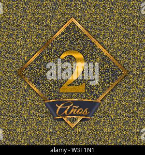 Spanisch Goldene Zahl zwei Jahre (2 Jahre) Fest. Jahrestag Goldene Zahl mit luxuriösen Hintergründe für Ihre Geburtstagsfeier Stock Vektor