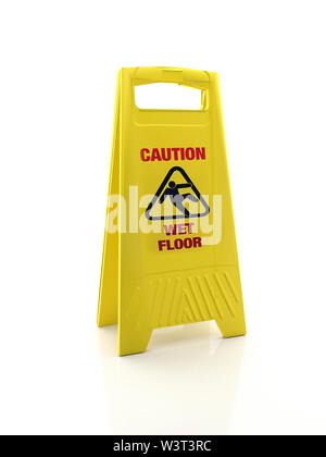 Yellow Wet Floor Warnschild auf weißem Hintergrund Stockfoto