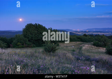 Leobendorf: Blick vom Berg Michelberg zu Burg Kreuzenstein, Kraftwerk Korneuburg, Wien, Donau, Kahlenberg, Klosterneuburg Stockfoto