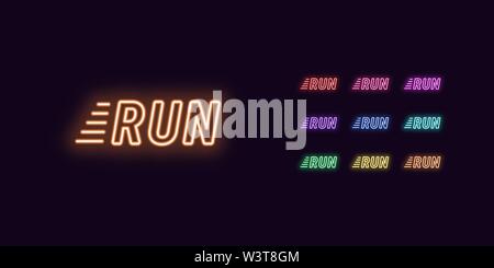 Neon text Laufen, ausdrucksstarken Titel. Satz von glühenden laufen Wort in Neon style mit transparenten Hintergrundbeleuchtung. Vector Kit, rot rosa lila violett blau blau grün Stock Vektor