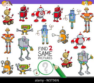 Cartoon Illustration, zwei gleiche Bilder pädagogische Tätigkeit Spiel für Kinder mit lustigen Roboter Zeichen Stock Vektor