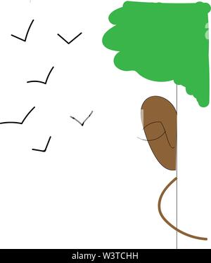 Eine braun gefärbte Mann hinter einem Baum mit grünen Blättern und sechs Vögel im weißen Himmel, Cartoon, Vector, Farbe, Zeichnung oder Abbildung. Stock Vektor