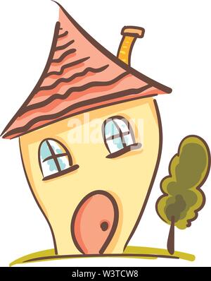 Eine gelbe Karikatur von einem Haus neben einem Baum, Vector, Farbe, Zeichnung oder Abbildung. Stock Vektor