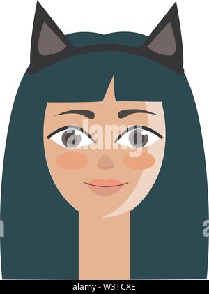 Eine blaue behaartes Mädchen mit großen Augen und rosige Wangen tragen eine schwarze Katze Stirnband, Vector, Farbe, Zeichnung oder Abbildung. Stock Vektor