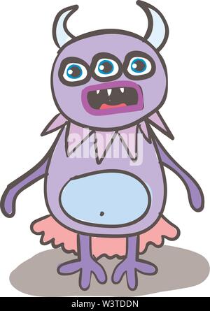 Eine Karikatur eines süßen lila und rosa Monster mit 3 Augen, Vector, Farbe, Zeichnung oder Abbildung. Stock Vektor
