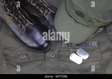 Us-Marines Band mit Dog Tags und Stiefel auf oliv einheitlichen Hintergrund Stockfoto