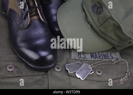 Us-Marines Band mit Dog Tags und Stiefel auf oliv einheitlichen Hintergrund Stockfoto