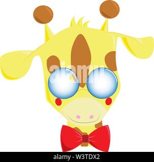 Eine Karikatur eines entzückenden jungen Giraffe mit Brille und einem roten Bogen, Vector, Farbe, Zeichnung oder Abbildung. Stock Vektor