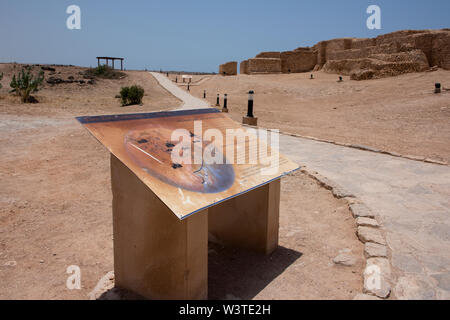 Oman und Dhofar, in der Nähe von Salalah, Khor Rori. Ruinen der alten Sumhuram, Trail unterzeichnen. Historische Weihrauch Trail, der UNESCO. Stockfoto