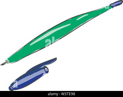 Eine grüne Kugelschreiber mit blauer Kappe, Vector, Farbe, Zeichnung oder Abbildung. Stock Vektor