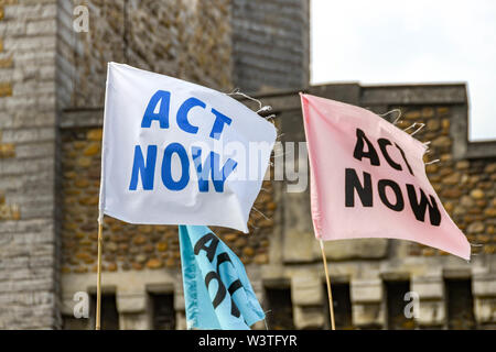 CARDIFF, WALES - Juli 2019: "handeln Sie jetzt 'flags in Cardiff City Centre in einem Klima Emergency Protest vom Aussterben Rebellion. Stockfoto