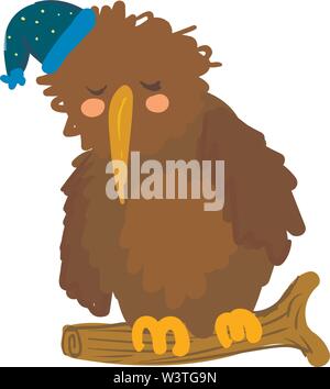 Ein niedliches schlafen Kiwi Vogel trägt einen blauen Hut, Vector, Farbe, Zeichnung oder Abbildung. Stock Vektor