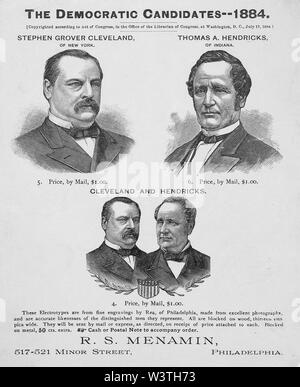 Die demokratischen Kandidaten - - - 1884, Stephen Grover Cleveland von New York, Thomas A. Hendricks von Indiana, von Gravuren von Rea, Veröffentlicht von R.S. Menamin, Philadelphia, 1884. Stockfoto