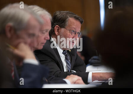 Washington, District of Columbia, USA. 17. Juli, 2019. United States Senator Gary Peters (Demokrat aus Michigan) spricht bei einem Runden Tisch mit der US-Senat Ausschusses für Innere Sicherheit und staatlichen Angelegenheiten auf dem Capitol Hill in Washington, DC, USA am 17. Juli 2019. Credit: Stefani Reynolds/CNP/ZUMA Draht/Alamy leben Nachrichten Stockfoto