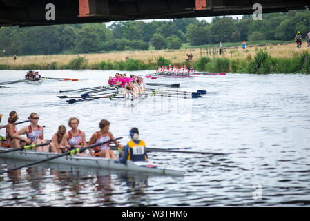 Cambridge UK, 2019-07-17. Die Ruderer in der jährlichen city river Beulen, die auf dem Fluss Cam konkurrieren, dieses Ereignis nun über eine Woche von competin Stockfoto