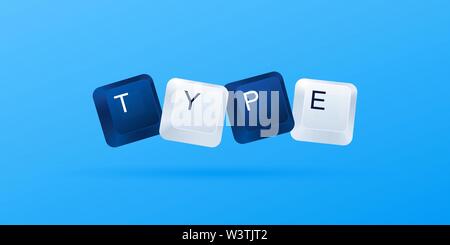 Typ Word mit computer Tasten auf blauem Hintergrund geschrieben. Computer Tasten auf der Tastatur. Vector Illustration eps 10. Stock Vektor