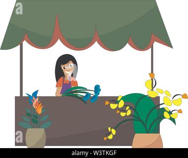 Frau Blume Verkäufer, Illustration, Vektor auf weißem Hintergrund. Stock Vektor