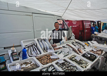 Neos Marmaras, Griechenland, 30. Mai 2019. Ein Markt im Freien mit verschiedenen Reiche Angebote sowie Fisch. Neos Marmaras, Sithonia auf der Halbinsel von H Stockfoto