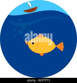 Gelber Fisch mit Boot, Illustration, Vektor auf weißem Hintergrund. Stock Vektor