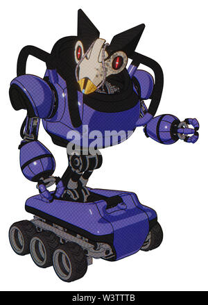 Roboter, die Elemente enthalten: Vogel Schädel Kopf, rote Augen, robobeak Design, schwere obere Brust, 6-wheeler. Material: Primär blaue Halbton. Stockfoto