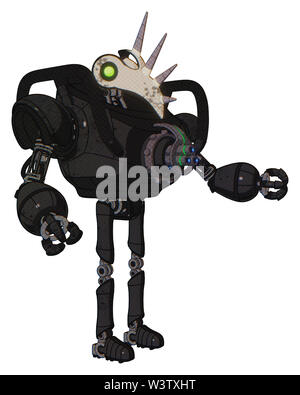 Automat mit Elementen: Vogel Schädel Kopf, grüne Augen, schwere obere Brust, Brust Energie Gewehr, ultralight Fuß exosuit. Material: schmutzige Schwarz. Stockfoto