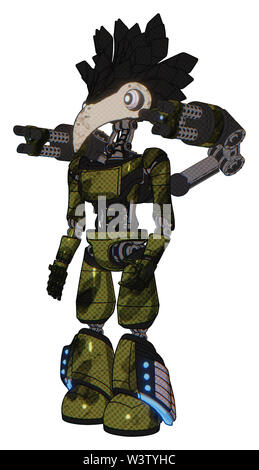 Bot, die Elemente enthalten: Vogel Schädel Kopf, weißen Augäpfeln, Krähe Feder Design, Licht Brust Brust exosuit exoshielding, Ultraleicht, minigun zurück. Stockfoto