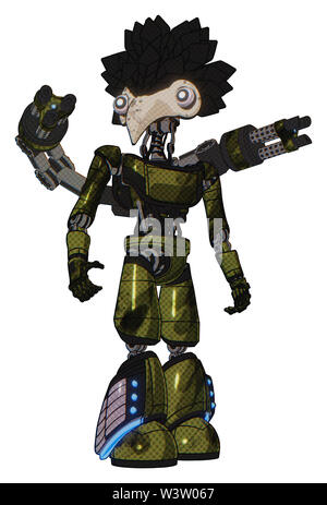 Bot, die Elemente enthalten: Vogel Schädel Kopf, weißen Augäpfeln, Krähe Feder Design, Licht Brust Brust exosuit exoshielding, Ultraleicht, minigun zurück. Stockfoto