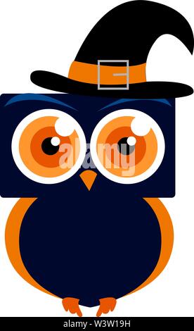 Blaue Eule mit Hut, Illustration, Vektor auf weißem Hintergrund Stock Vektor