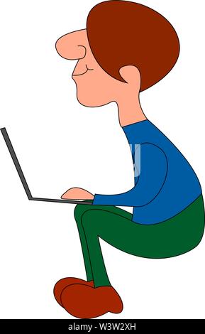 Mann bei der Arbeit am Laptop, Illustration, Vektor auf weißem Hintergrund Stock Vektor