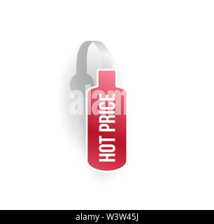 Vektor rote Flasche Form wobbler Mockup mit transparenten Streifen auf weißem Hintergrund. Verkauf Nachricht Vorlage für Ihre hängenden Regal tag Design. Stock Vektor