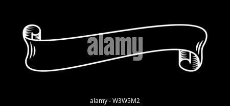 White Ribbon auf der Schwarzen, Hand gezeichnet detaillierte Vektor blättern Farbband im Umriß oder Kontur zeichnen. Einzelner isolierter Abbildung eines retro kurze Farbband im Vintage Style aus zwei Worten, dicke Linie Stock Vektor