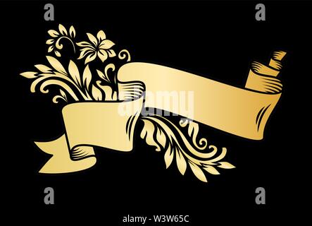 Gold vintage ribbon Banner mit Blätter und Blüten, Zeichnung in Gravur Stil. Goldene banner Band mit Ornament auf dem schwarzen Hintergrund. Premium Design für Grüße, Jubiläum. Stock Vektor