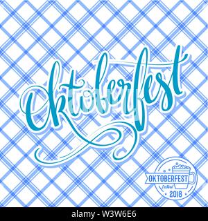 Oktoberfest vektor Plakat mit traditionellen Muster. Hand-Schriftzug, Pinsel, Stift Kalligraphie Inschrift für Banner und Logo Design. Blaue Wort Oktoberfest Stock Vektor