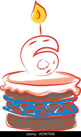 Geburtstag Kuchen mit Nummer sechs, Illustration, Vektor auf weißem Hintergrund. Stock Vektor
