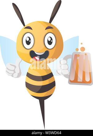 Biene Holding ein Getränk, eine Biene halten sie ein Bier, Illustration, Vektor auf weißem Hintergrund. Stock Vektor