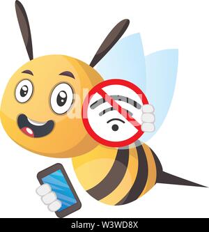 Biene Holding ein Telefon, Wi-fi, Illustration, Vektor auf weißem Hintergrund. Stock Vektor