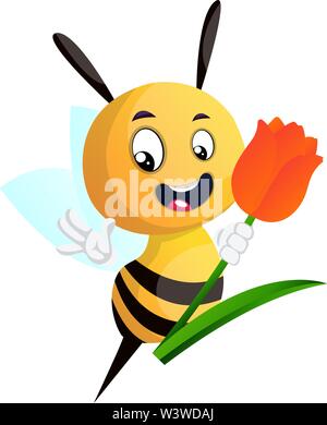 Biene holding Tulip und winkend, Illustration, Vektor auf weißem Hintergrund. Stock Vektor
