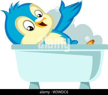 Blue Bird in der Badewanne, Illustration, Vektor auf weißem Hintergrund. Stock Vektor