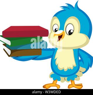 Blue Bird hält einen Stapel Bücher, Illustration, Vektor auf weißem Hintergrund. Stock Vektor