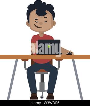 Junge arbeitet auf dem Lap Top, Illustration, Vektor auf weißem Hintergrund. Stock Vektor