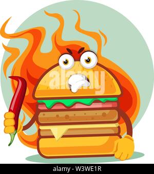 Hot wütend Burger ist ein Chili, Illustration, Vektor auf weißem Hintergrund. Stock Vektor