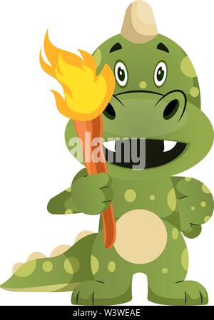 Green Dragon hält Fackel, Illustration, Vektor auf weißem Hintergrund. Stock Vektor