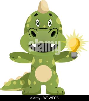 Green Dragon hält die Glühbirne, Illustration, Vektor auf weißem Hintergrund. Stock Vektor