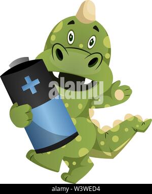 Green Dragon hält Batterie, Illustration, Vektor auf weißem Hintergrund. Stock Vektor