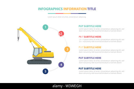 Teleskoplader Infografik Vorlage Konzept mit fünf Punkte Liste und verschiedene Farbe mit sauberen, modernen weißen Hintergrund - Vector Illustration Stockfoto