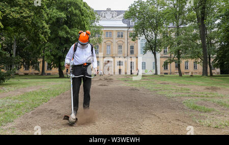 16 Juli 2019, Sachsen, Wermsdorf: Ein Helfer der Aktionskünstler Witthaus mäht den Linien der ehemaligen barocken Garten in den Wiesen im Park von Schloss Hubertusburg. Europas größte Hunting Lodge hat einen Bruchteil seiner verlorenen Garten zurück. Mit rund 40 Freiwilligen, die Kölner Aktionskünstler ist seit dem 1. Juli frei, einige der zentralen Formen der Schmuck in der ehemaligen Park schneiden. Auf 10.000 Quadratmetern, die zentrale Achse und zentrale Teile des barocken Garten Zusammensetzung haben auferstanden - ein Zehntel der ehemaligen Komplex. Aber die Besucher der 'Sächsische Versailles' haben sich zu beeilen, denn es ist Stockfoto