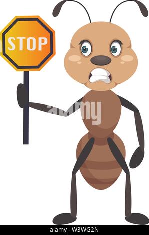 Ant mit STOP-Schild, Illustration, Vektor auf weißem Hintergrund. Stock Vektor