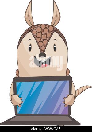 Armadillo holding Lap Top, Illustration, Vektor auf weißem Hintergrund. Stock Vektor