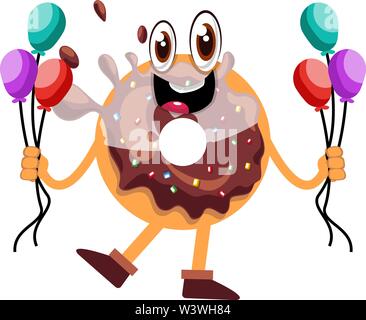 Donut holding Ballons, Illustration, Vektor auf weißem Hintergrund. Stock Vektor