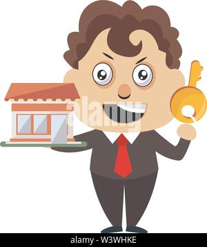 Mann mit großer Schlüssel, Illustration, Vektor auf weißem Hintergrund. Stock Vektor